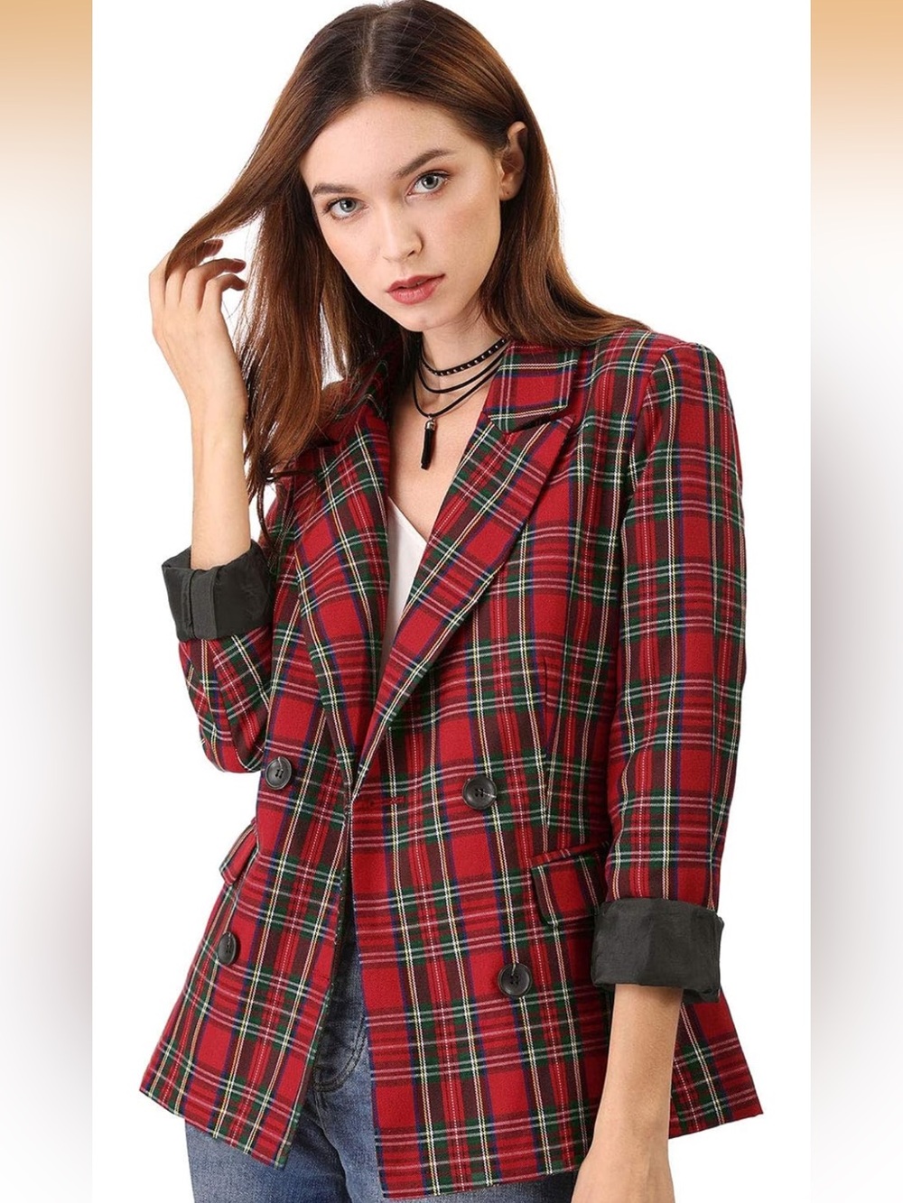 Women's Red Plaid Double-Breasted Blazer